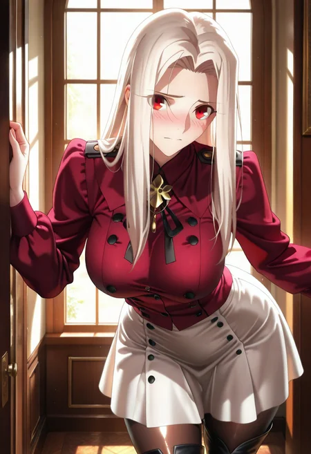 masterpiece, absurdres, newest, best quality, perfect quality,highres,4k,<lora:Irisviel von Einzbern - [FATE] - illustriousXL v1:1>, sysdeep_irisviel, white hair, red eyes, solo, living room, ,leather boots,long hair, red shirt, dress shirt, white skirt, black , (shiny tights),skirt, ((shapely,thick thighs, Large breasts, shapely hips)), leaning Over a window, breasts Focus, thigh focus,close up,sysdeep_irisviel, Expressiveh, sexual attraction, shy look, blush, (looking  at viewer:1.2), face focus ,Smooth Quality
