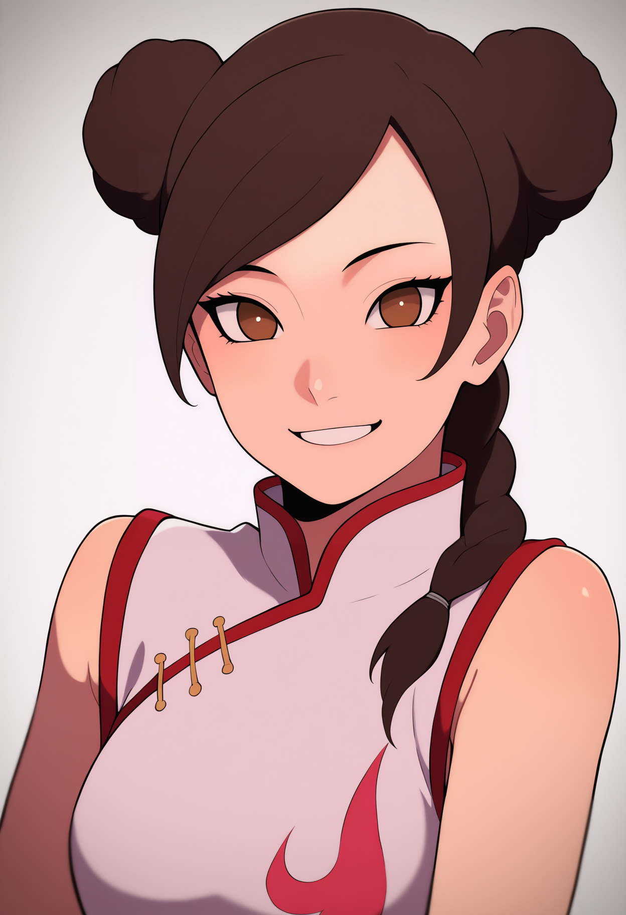 best quality, amazing quality, very aesthetic, absurdres,
BREAK
1girl, tenten, 
double bun, hair bun, brown hair, brown eyes, single braid,
chinese clothes, sleeveless, china dress, bare shoulders,
smile, looking at viewer, solo, simple background, white background,   <lora:TentenTheLastNoobXL_byKonan:1>