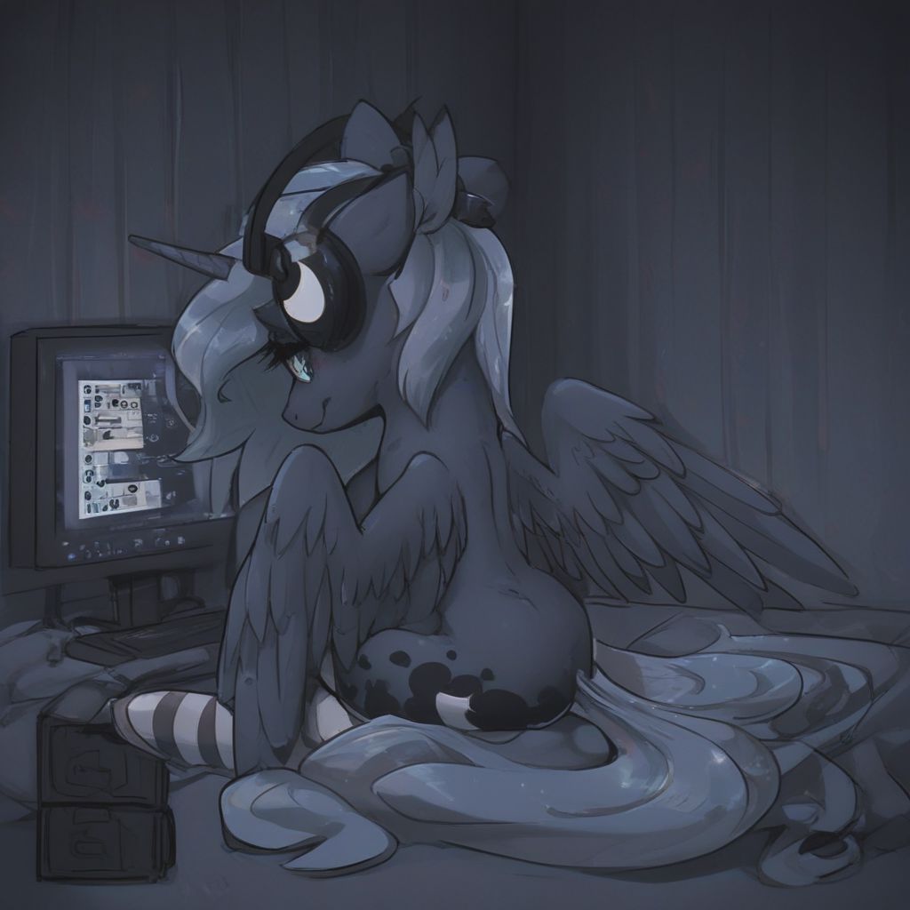 {{princess luna}}, {{eye bags}}, tired, soft smile, mlp, pony, alicorn, striped_stockings, gamer, neet, headphones_on_head, sitting, hunched over, computer, playing game, {{dark room}}, back view, messy room, detailed, {{score_6_up}}, ng_deepnegative_v1_75t, {{detalied background}}, dark theme, low light,
