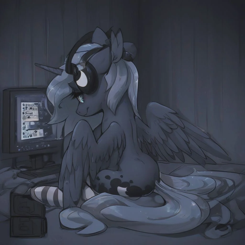 {{princess luna}}, {{eye bags}}, tired, soft smile, mlp, pony, alicorn, striped_stockings, gamer, neet, headphones_on_head, sitting, hunched over, computer, playing game, {{dark room}}, back view, messy room, detailed, {{score_6_up}}, ng_deepnegative_v1_75t, {{detalied background}}, dark theme, low light,