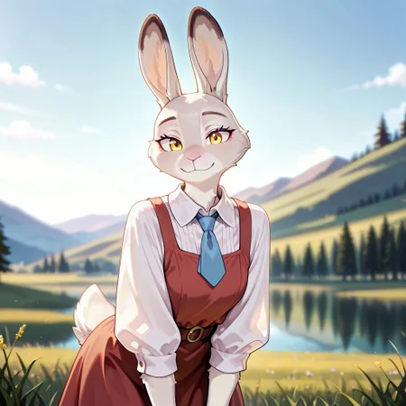masterpiece, best quality, amazing quality, very aesthetic, solo,
harengon, furry hare, tail,
1 girl, focus woman, yellow eyes, beige skin, red sundress, sky blue tie, shirt collar,
looking at the viewer,
fantasy background, blurred background,