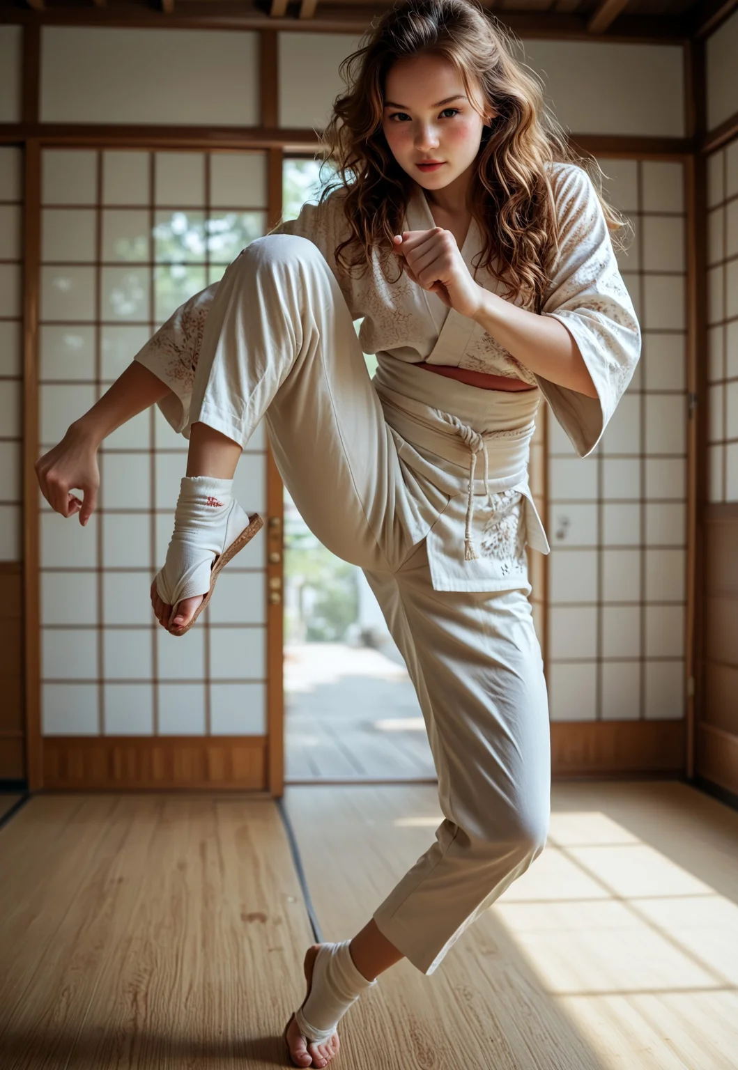 safe_pos, (((score_9, score_8_up, score_7_up))), ((( highly detailed, masterpiece, perfect, detailed, hd, )))
,
((( Knekicmb, Alinamb, freckles, wavy hair)))
,
((( 1girl, solo,)))
,
((( Standing on one leg)))
,
((( Dojo )))
,
((( )))
,
(( ))
,
((( )))
,
()