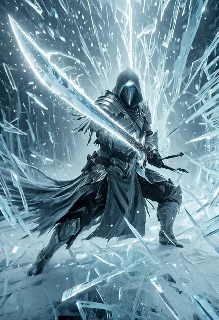 1man, Assasin elysium, Incoming sword, broken glass, reflection, glowing ice slash, shatter, holding sword, glowing sword, motion blur, emphasis line, outdoor in the darkness, looking viewer,