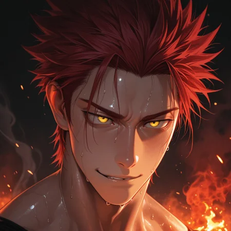 masterpiece, best quality, amazing quality, absurdres, newest, detailed background, definition so sharp, Ultra-HD, 8K cinematic, very awa, impressionate, amazing quality, highres,
solo, male focus, manly,
1boy, spiked hair, short hair, mikoto_red hair, mikoto_yellow eyes, mikotosuoh, close up, eye contact, intense gaze, sweat, slight smirk, fire \(effect\), glowing, dark background, embers, smoke, raw power, contained, smoldering, dangerous