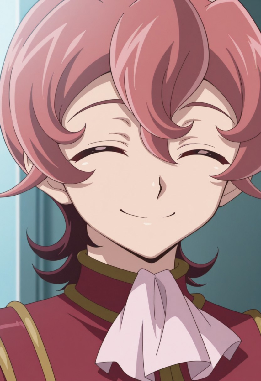 masterpiece,best quality,amazing quality, source_anime, 
MichArclight, 1boy, male focus, solo, closed eyes, pink hair, ascot, pink ascot, shirt, pink shirt, jacket, red jacket, smile, portrait,