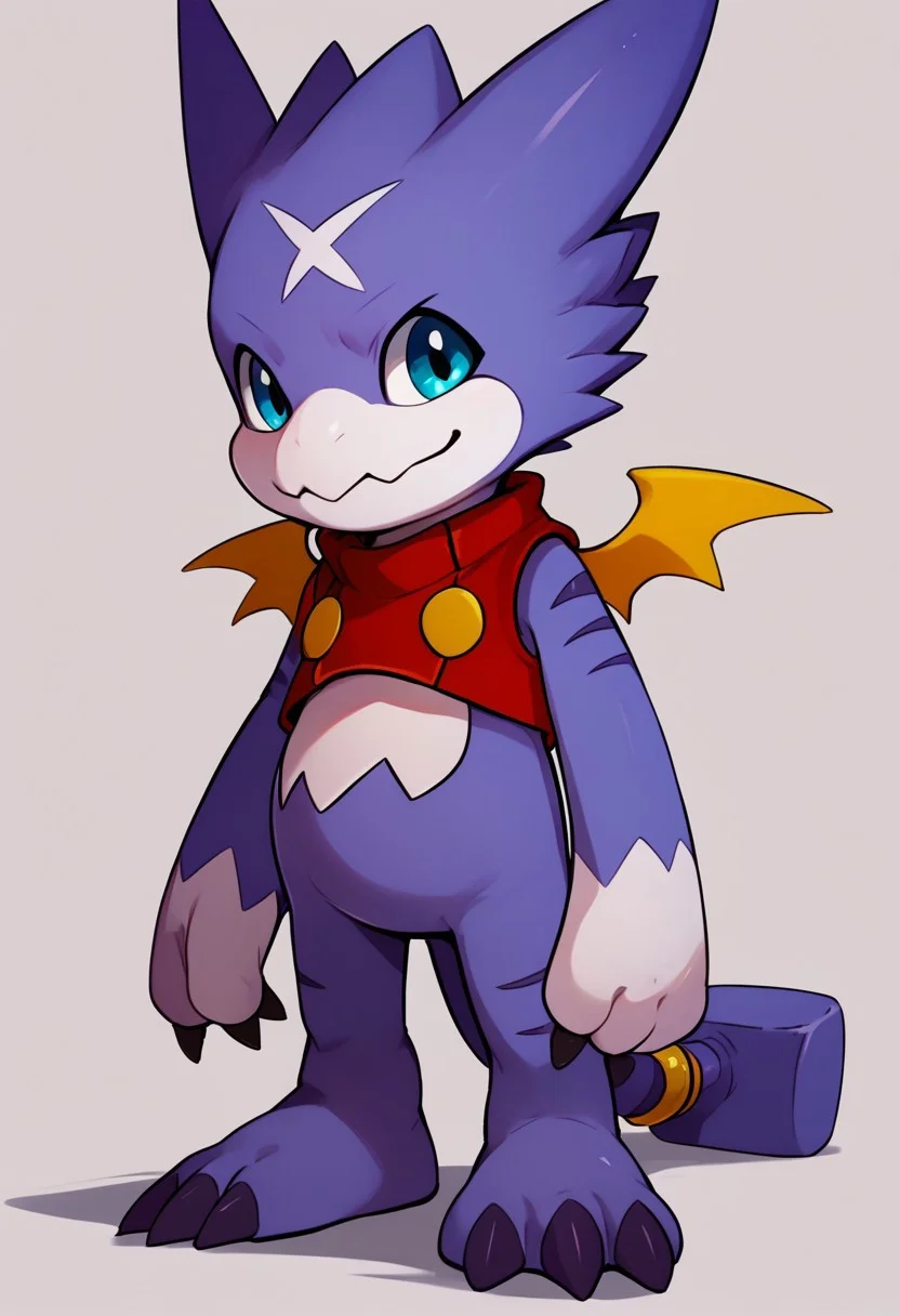 score_9, score_8_up, score_7_up, solo, gumdramon, red vest, hammer tail, wings, violet skin, digimon (creature)