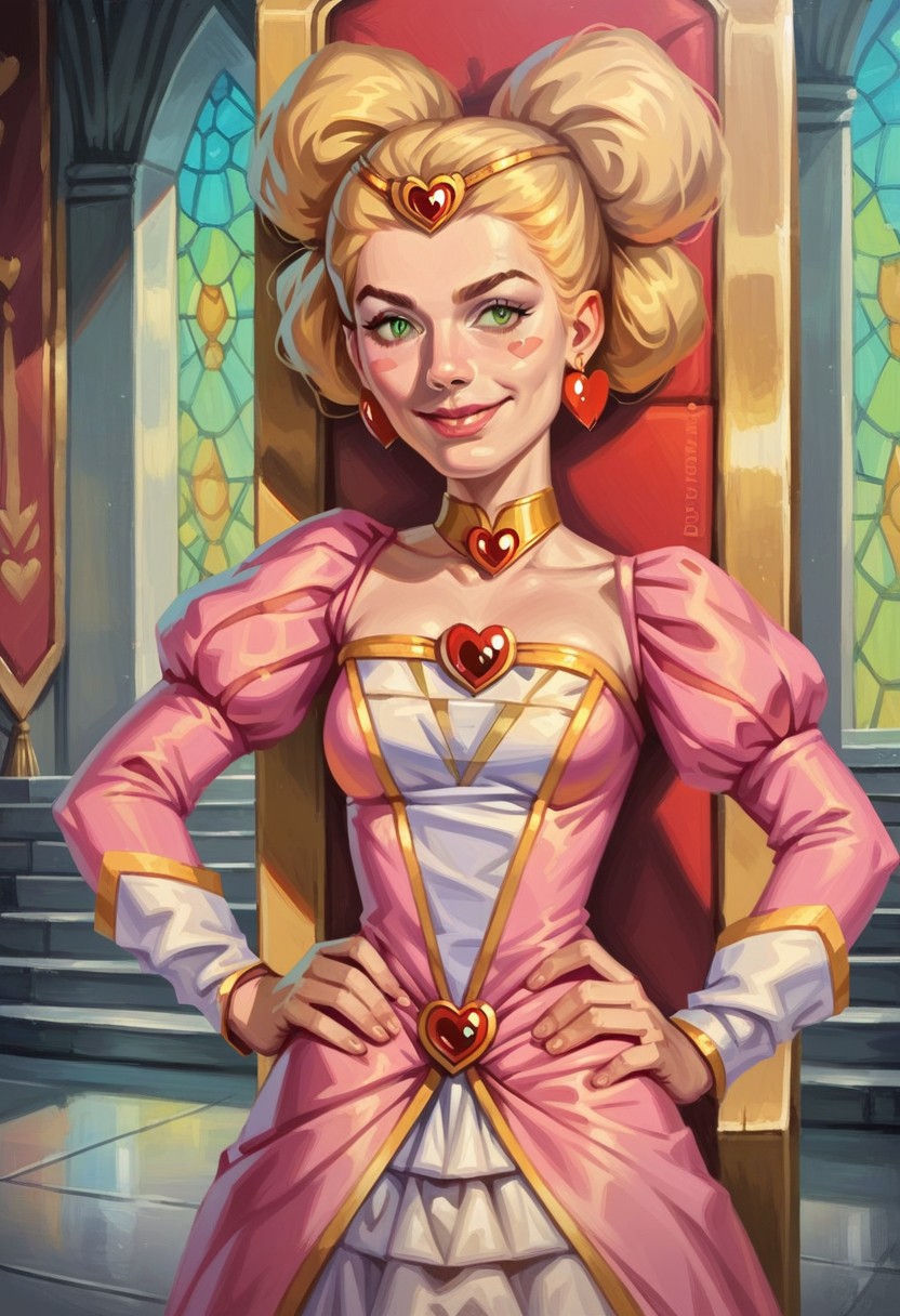 Score_9_up, score_8_up, score_7_up, score_6_up, 1girl, solo, Duchess_B_MSK, blonde hair, gold choker, green eyes, pink dress, heart earrings, heart brooch, blush stickers, gold circlet, smile, standing proudly, indoors, throne room, hands on hips, adult, (realistic, painted art)