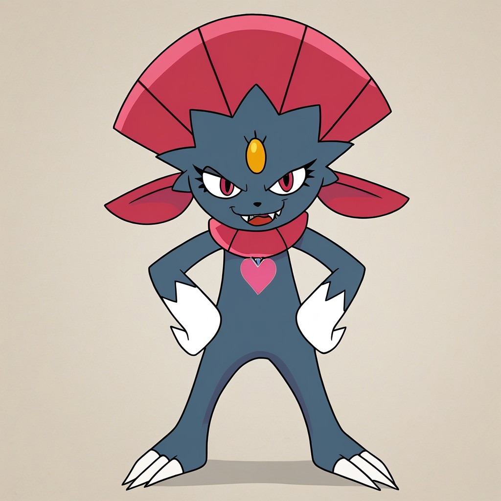 weavile, (((wearing pink heart necklace)))
BREAK
score_9, score_8, score_7, posing, (((girly))), (((eyelashes))), (((female))), (((Disney)))
BREAK
((((((front view)))))), (((looking at viewer))), (((looking straight ahead))), (smug), (((eyelashes))), (((wearing pink heart necklace))), tough, solo, happy, smirking, smiling, (((flirty))), feral,  (((standing tall))), ((((((full body view)))))), standing confidently, (((smirk))), sneer, leering, (((open eyes))), (((open mouth))), sassy
BREAK
head held high, solo, legs apart, (((hands on hips)))