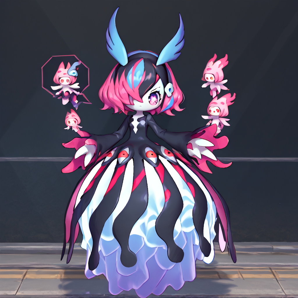 <lora:Berta_Delica:1> black hair, pink hair, multicolored hair, symbol-shaped pupils
 <lora:Bellanoir__Bellanoir_Libero_PalWorld_r2:0.8> 1girl , Bellanoir , 3 fingers , blue hair , hair over one eye , white skin , dress