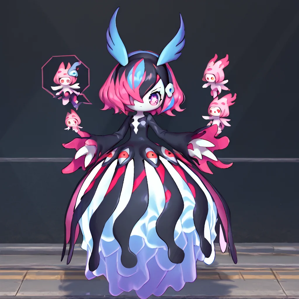 <lora:Berta_Delica:1> black hair, pink hair, multicolored hair, symbol-shaped pupils
 <lora:Bellanoir__Bellanoir_Libero_PalWorld_r2:0.8> 1girl , Bellanoir , 3 fingers , blue hair , hair over one eye , white skin , dress