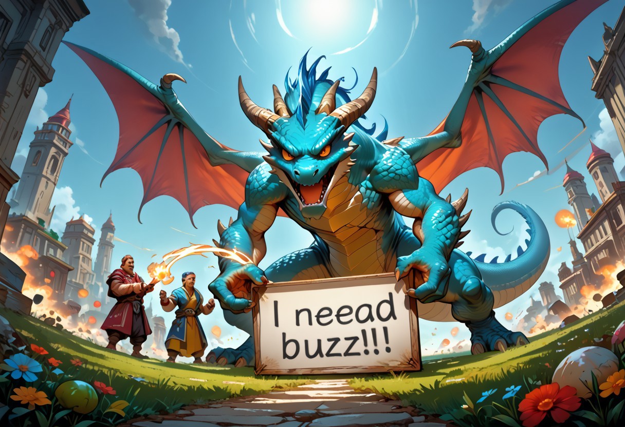 epic battle with dragon holding a sign with the text "buzz me" 
extreme long shot,wide angle,ambiant light,buzz,