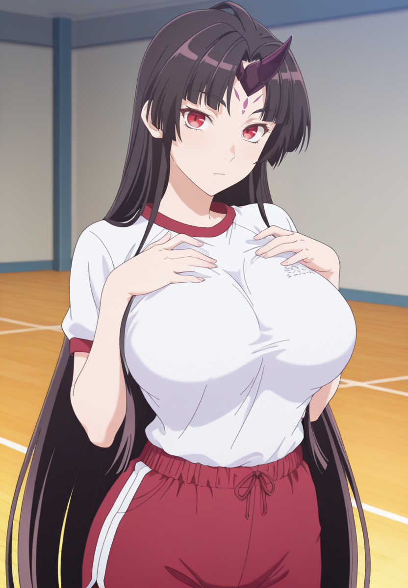 zPDXL3, score_9_up, score_8_up, score_7_up, ,Masterpiece,(perfect female body:1.2), small waist, (incredibly detailed:1.4), beautiful fingers, (large breasts:1.2) big breasts,  looking at viewer <lora:Wridra_-_Nihon_e_Youkoso_Elf-san-Kaleid_Illustrious:1> wridra_nye, 1girl, long hair, red eyes, black hair, gym shorts, gym shirt, horns, forehead mark,