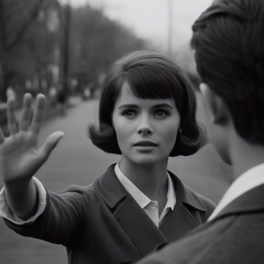 cinematic film still of  <lora:1960's style:1>
In the 1960's a woman is holding her hand up to the camera,1girl,solo,1boy,monochrome,greyscale,male focus,from behind,blurry ,realistic,realism, detailed, perfection,perfect,filmic,retro,vintage,classic,different haircut,different look,different style,1960's style , 1960 style, shallow depth of field, vignette, highly detailed, high budget, bokeh, cinemascope, moody, epic, gorgeous, film grain, grainy
