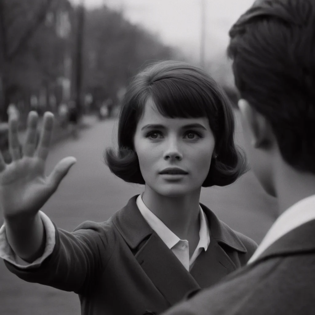 cinematic film still of  <lora:1960's style:1>
In the 1960's a woman is holding her hand up to the camera,1girl,solo,1boy,monochrome,greyscale,male focus,from behind,blurry ,realistic,realism, detailed, perfection,perfect,filmic,retro,vintage,classic,different haircut,different look,different style,1960's style , 1960 style, shallow depth of field, vignette, highly detailed, high budget, bokeh, cinemascope, moody, epic, gorgeous, film grain, grainy