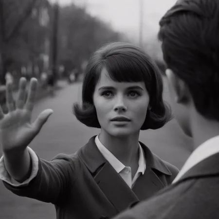 cinematic film still of <lora:1960's style:1>
In the 1960's a woman is holding her hand up to the camera,1girl,solo,1boy,monochrome,greyscale,male focus,from behind,blurry ,realistic,realism, detailed, perfection,perfect,filmic,retro,vintage,classic,different haircut,different look,different style,1960's style , 1960 style, shallow depth of field, vignette, highly detailed, high budget, bokeh, cinemascope, moody, epic, gorgeous, film grain, grainy