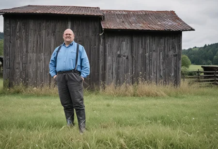photo of a chubby swiss farmer standing in front of an old rusty dark swiss barn, wearing dirty rubber wellies and dirty blue worker pants, dslr, ultra quality, sharp focus, tack sharp, film grain, Fujifilm XT3, crystal clear, 8K UHD