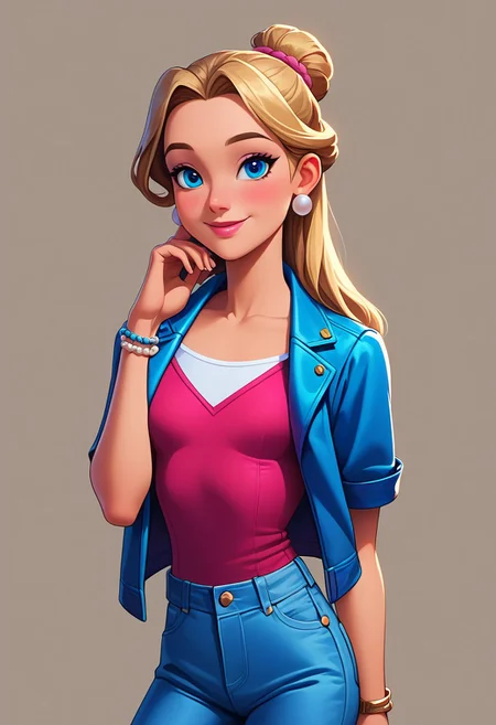 score_9, score_8_up, score_7_up, mgas, masterpiece, best quality, detailed eyes, detailed face, perfect eyes, high detailed, absurdres, highres, casual game art, mobile game art, merge 3 game art, character design, BREAK, 1girl, woman, young, solo, smile, closed mouth, blue eyes, small breasts, beautiful, pink lips, blush, blonde long hair, bun on the back of her head, round pearl earrings, thin gray chain around her neck with a round pearl, burgundy bracelet on her left hand, purple bracelet on her right hand, bright red T-shirt with a cutout on the chest, blue unbuttoned jacket, purple jeans, BREAK right hand at the waist, left hand raised up, left hand palm up, arms bent at the elbows, standing, cowboy shot, semi-sideways, half-sideways, looking at viewer, BREAK simple background, gray gradient background