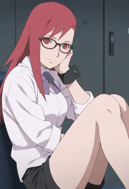 anime screencap, anime coloring, ,   <lora:DX888KarinB:1> uzumaki karin, red eyes, red hair,long hair, sidecut, glasses, white shirt, collared shirt,sleeves rolled up,purple ribbon,wrist cuffs, black shorts, BREAK simple background,  grey background, cross background, BREAK        1girl, breasts, closed mouth,  hand on own cheek, hand on own face, knees together feet apart, legs up, light smile,  looking at viewer, sitting,  from side,
