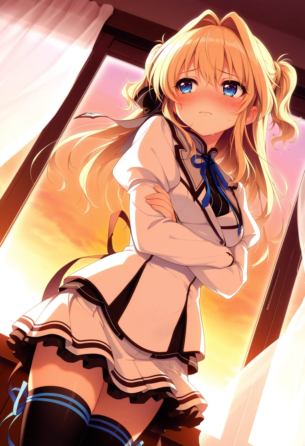 (best quality , masterpiece, good quality), sfw, general, 1girl, solo, msairi, blonde hair, blue eyes, hair intakes, ribbon, school uniform, long sleeves, black thighhighs, thigh ribbon, dutch angle, looking to the side, crossed arms, shy, blush, closed mouth, sweat, indoors, window, curtains, sunset, <lora:ms-airi-v2_ilxl:1>,