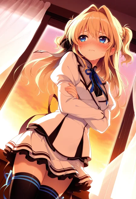 (best quality , masterpiece, good quality), sfw, general, 1girl, solo, msairi, blonde hair, blue eyes, hair intakes, ribbon, school uniform, long sleeves, black thighhighs, thigh ribbon, dutch angle, looking to the side, crossed arms, shy, blush, closed mouth, sweat, indoors, window, curtains, sunset, <lora:ms-airi-v2_ilxl:1>,