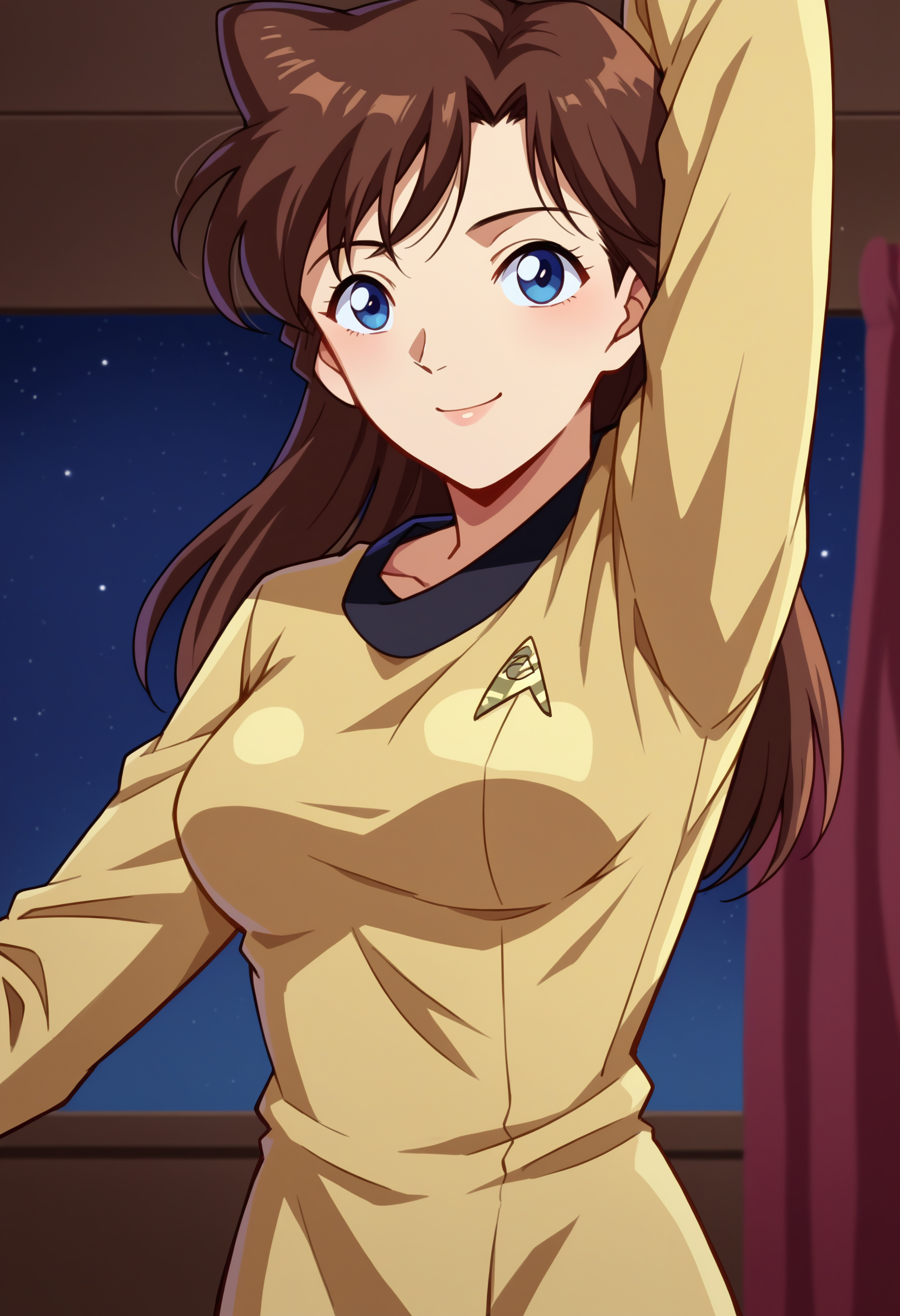 score_9, score_8_up, score_7_up, score_6_up, BREAK, RanMoriDCXL, 1990s (style), blue eyes, brown hair, long hair, bangs, medium breasts, solo, front view, (portrait, upper body), solo focus, seductive smile, dancing, indoors, dancing,empty club scenery,disco scenery,hands in the air<lora:RanMoriDCXL:0.8>
stunf,star trek uniform yellow short dress,long sleeves,pantyhose<lora:ponytosnewV2:0.8>