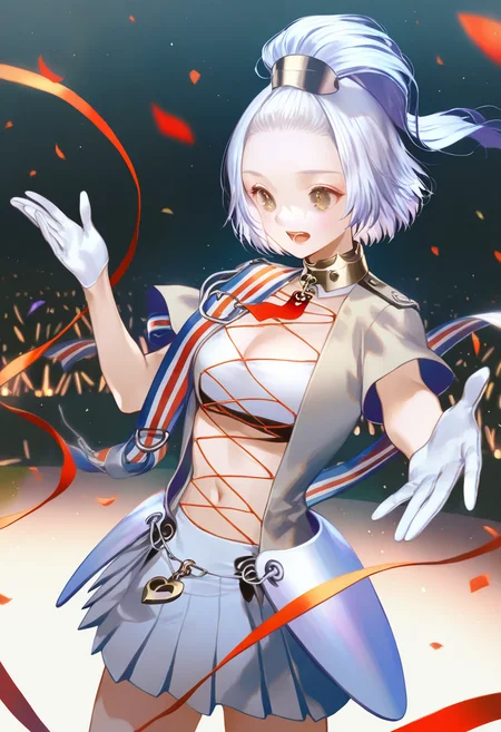 artist:gomzi,artist:wanke,artist:diyokama, rei_(sanbonzakura),[[artist:fuzichoco]],year 2023,
1girl, solo,
x \(caligula 2\), white hair, yellow eyes, crop top, high ponytail, forehead,
idol clothes, jewelry, navel, pendant, red ribbon, striped ribbon, white gloves,
concert, 
<lora:tce2-chi.ilxl:1>