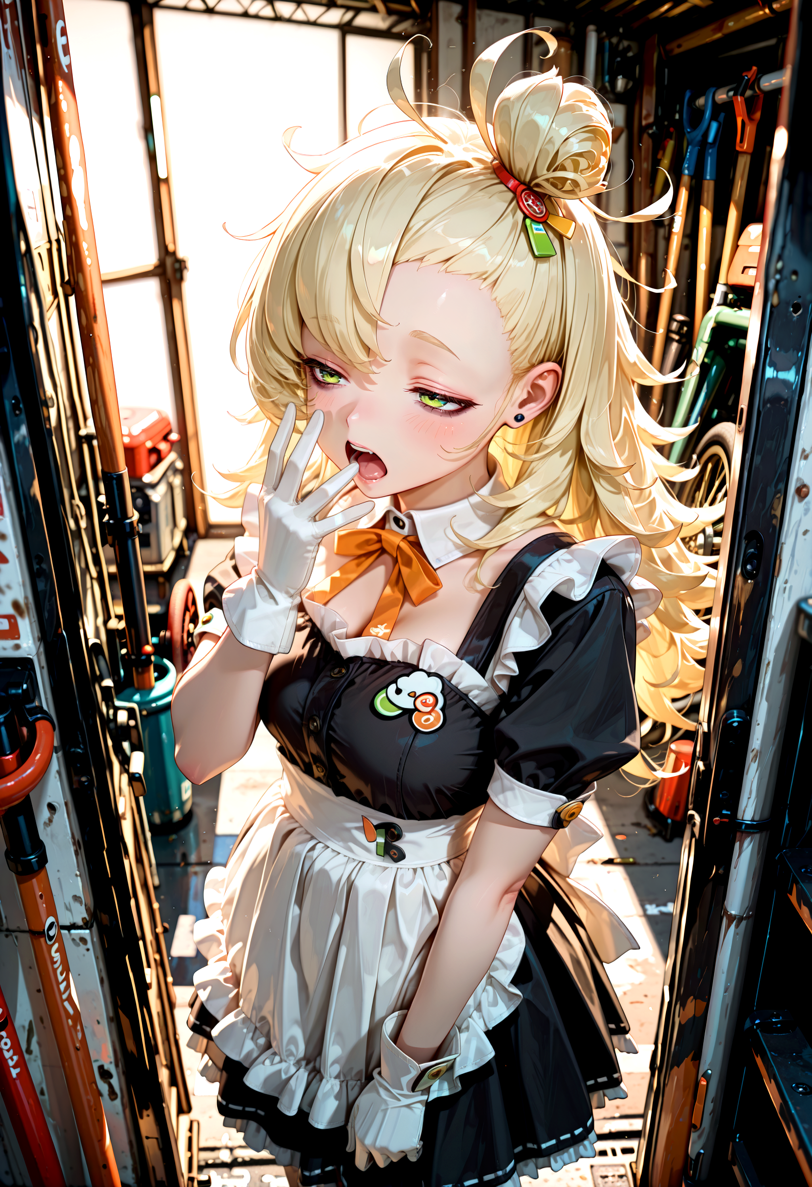 masterpiece, best quality, 1girl, petite, piper wheel, maid uniform, white gloves, long hair, messy hair, blonde hair, green eyes, topknot, hair ornament, bags under eyes, yawning, garage,  dark, rim light, backlighting, volumetric lighting, dramatic lighting, cinematic, detailed shading, detailed lighting, detailed hair, detailed skin, detailed clothing, depth of field, bloom, perspective, photorealistic,