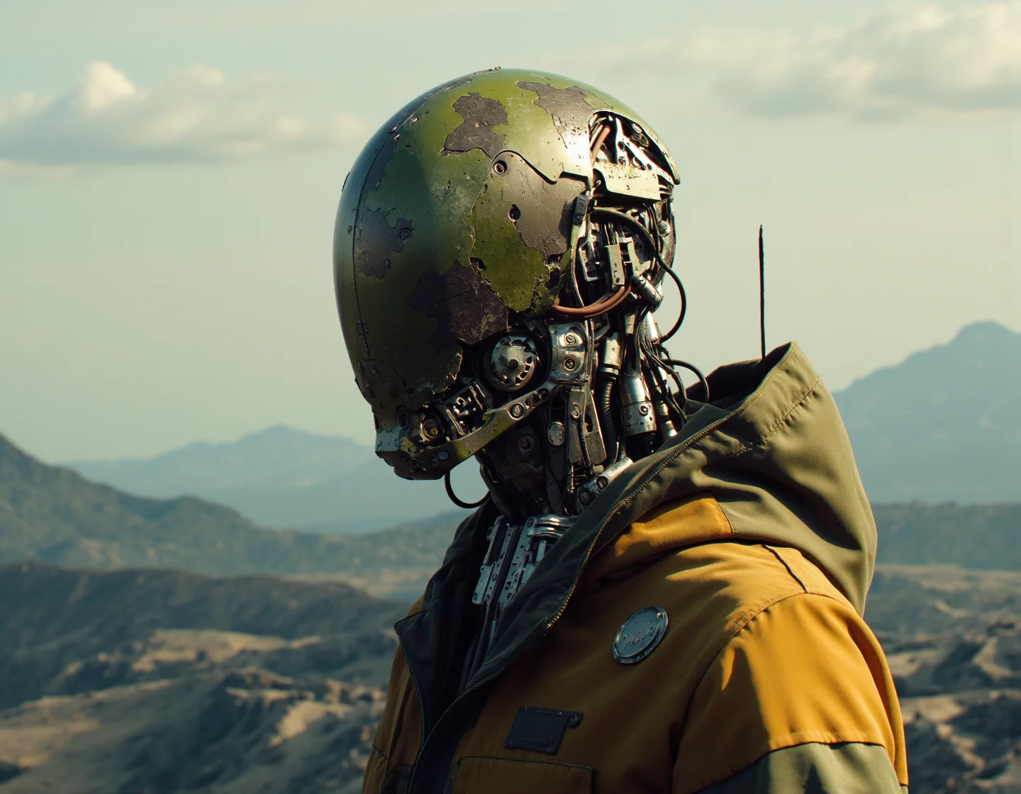 SCI_FACTOR_CORE cyberpunk,This is a digital artwork in the style of ckgr, concept art, man is an android, the humanoid robots plastic camouflage cyborg mask is open, the mechanical parts of the robot are visible inside, background is a vast battlefield with mountains in background,