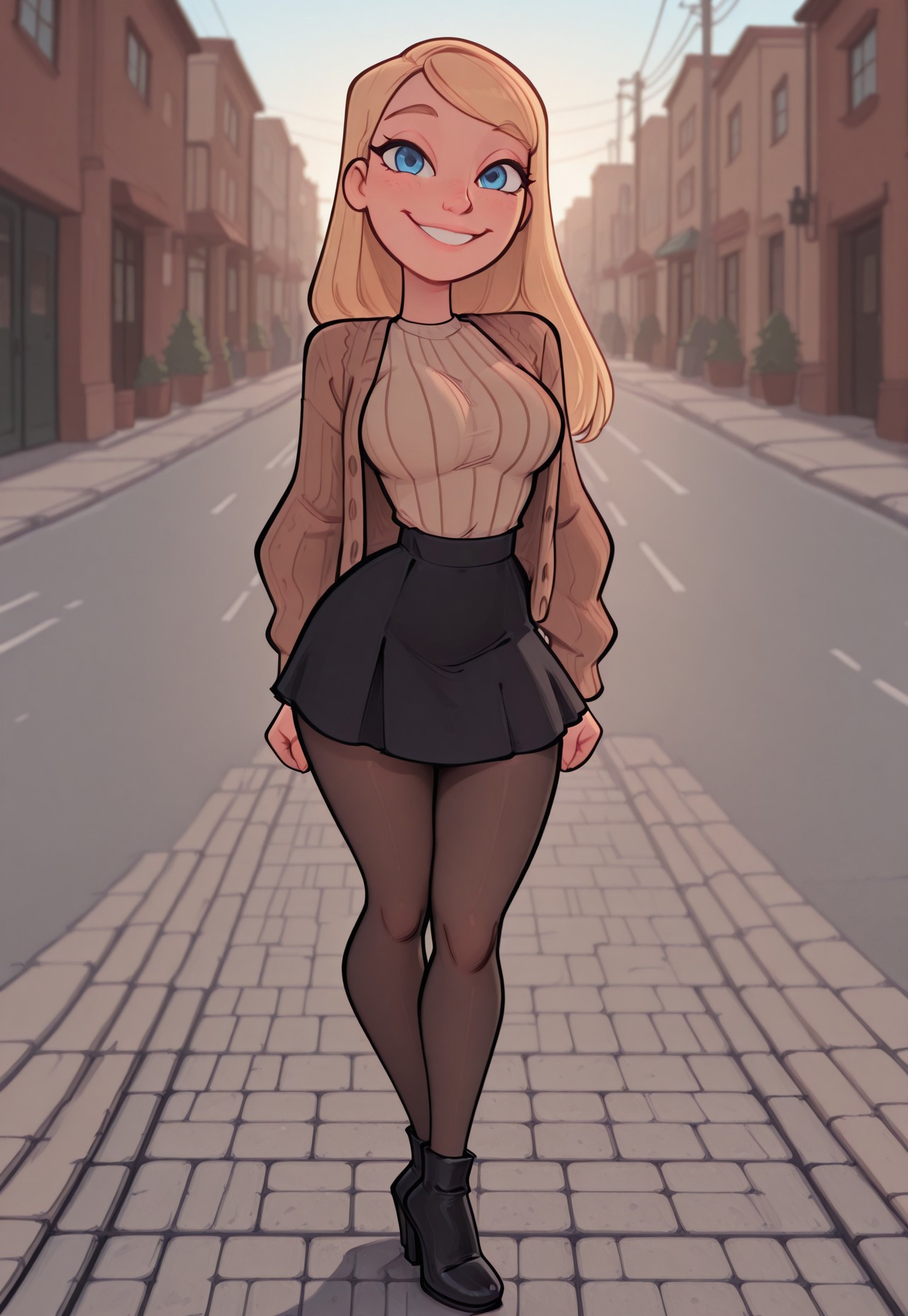Masterpiece, best quality, 1girl, full body, long hair, blonde hair, straight hair, swept bangs, black handband, brown cardigan, open cardigan, striped shirt, black skirt, cowboy shot, standing, perfect eyes, beautiful eyes, detailed eyes, adorable eyes, street, day, happy, smile, tights, black heels, medium breasts, from front, natural lighting, blue eyes, looking at viewer,smoove