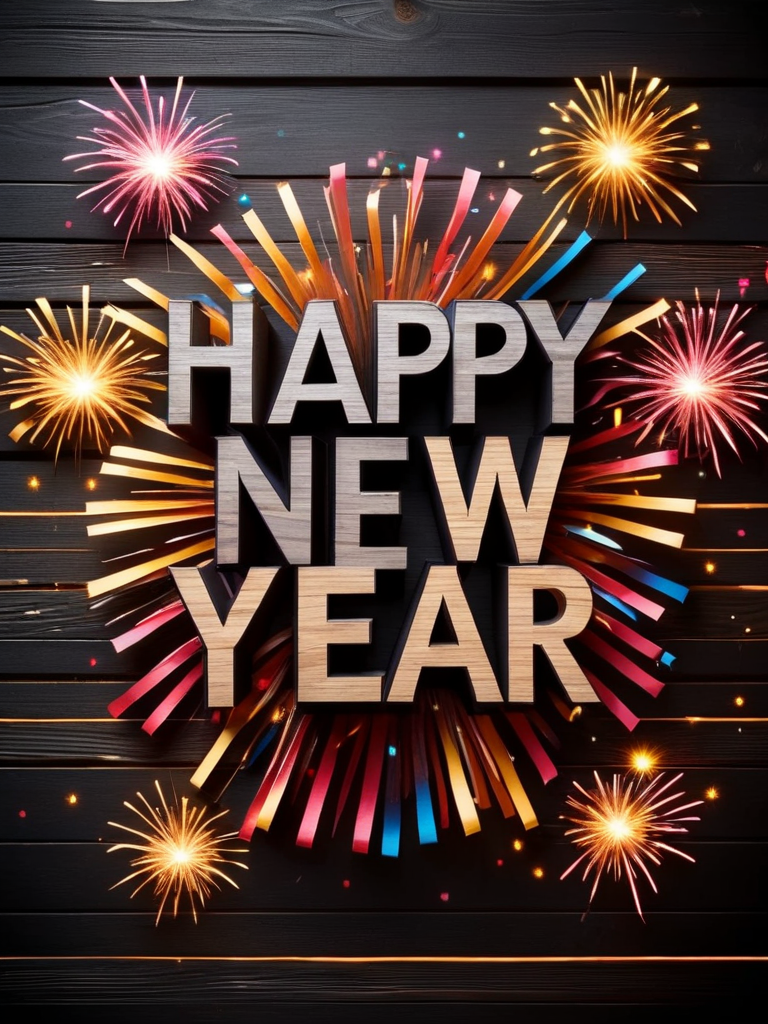 "HAPPY-NEW-YEAR" text logo made of ral-paperstreamer <lora:ral-paperstreamer:0.45> <lora:Harrlogos_v1.1:0.69> black wallnut wood background with bright firework lights reflecting