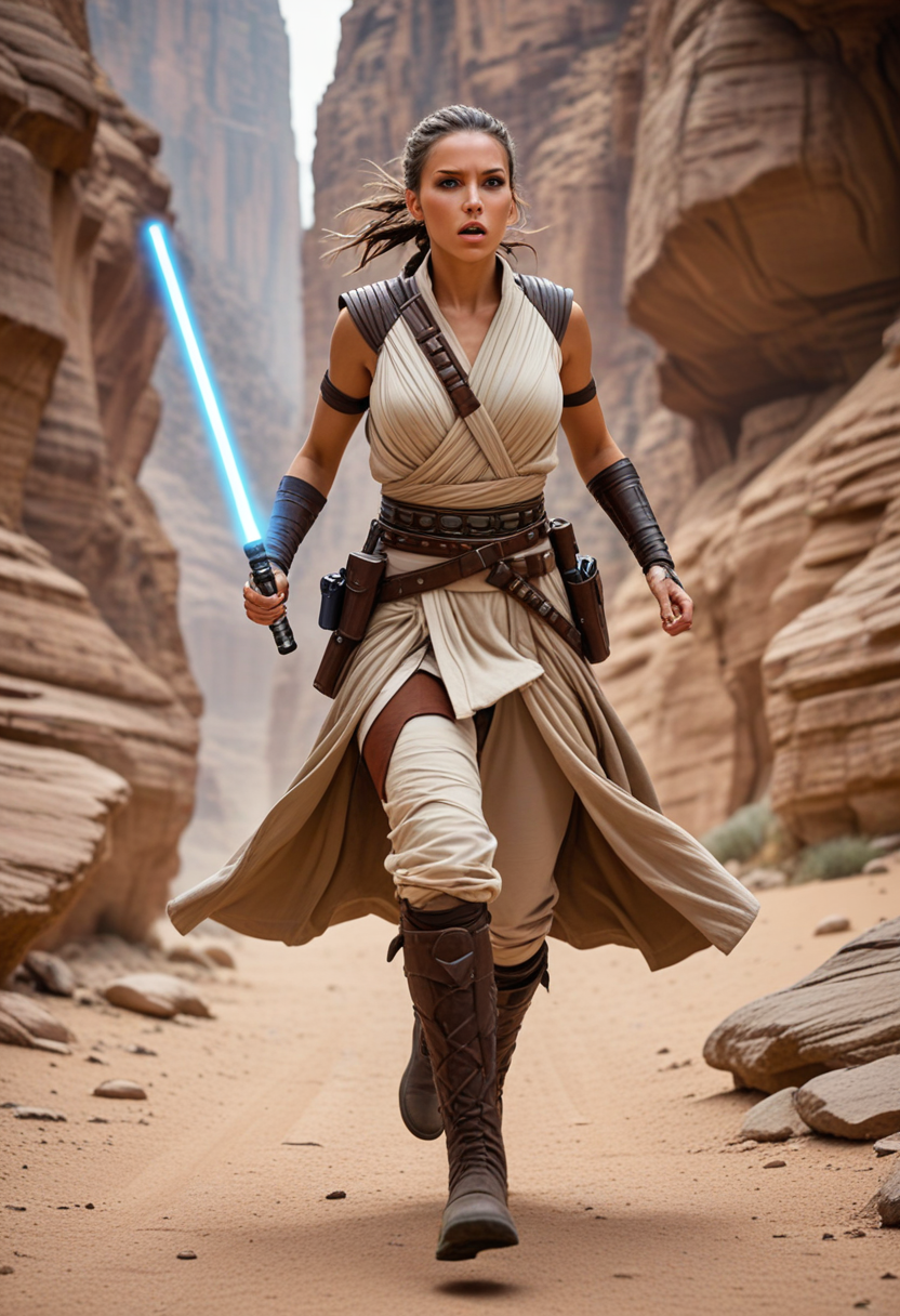 (medium full shot) of (desirable jedi) female zabrak, braided hair, wearing a sleeveless Jedi robe,utility Jedi belt with pouches,reinforced combat boots, arm wraps, crossguard lightsaber, surprised, open mouth, running toward the viewer, set in  a rocky desert canyon, with towering cliffs and narrow passages, where the ground is littered with stones and the air is cool and dry, in a battle, Masterpiece,best quality, photorealistic, amazing quality, very aesthetic, extremely detailed face,