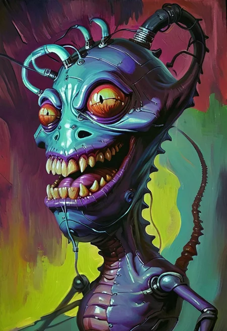 w4rh4mm3r style oil painting, grimdark, cybernetic , 
short creepy eggplant man monster, lascivious smile