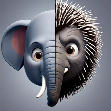 one head divided in two parts,half part of the head is an elephant,half part of the head is a porcupine,Pixar Style,high quality,<lora:FaceMix-000008:1>,