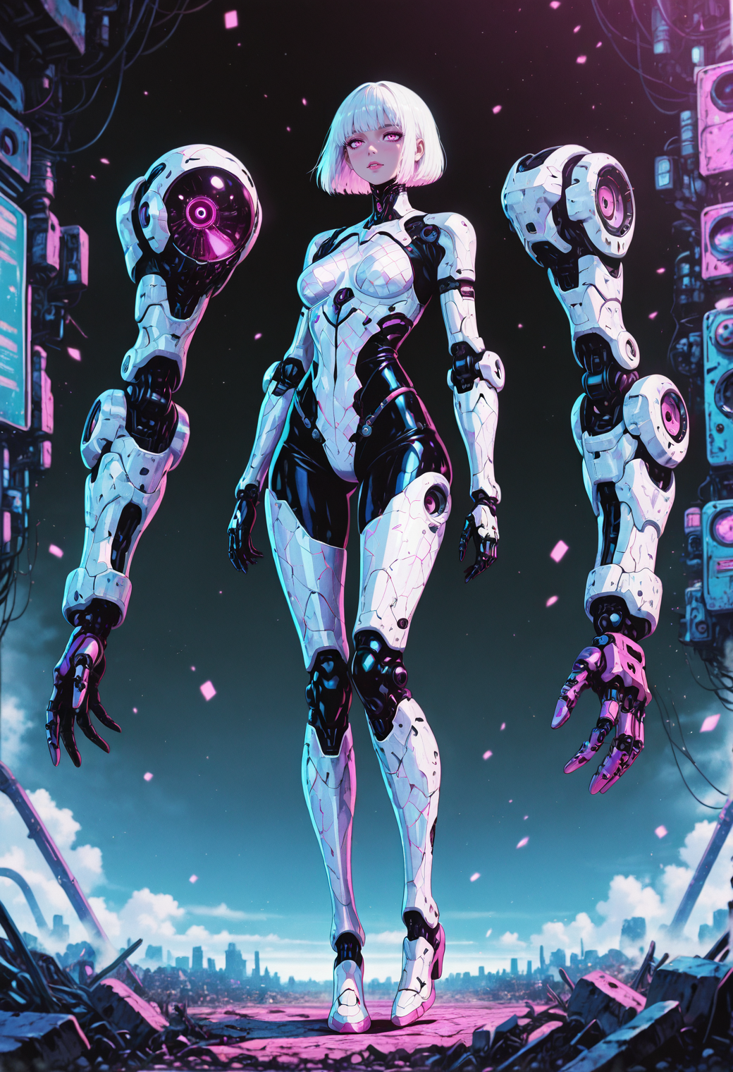 1women, 22yo, pink eyes, adult, sexy, alluring, 
white hair, short bob cut, slim, small firm breasts, 
patterned armor, white armor, futuristic, mechanical limbs,
full body,, detailed eyes, perfect eyes, realistic eyes,, masterpiece, best_quality, amazing_quality, very_aesthetic, 8k, high_quality, highres, absurdres, subject_focus,, <lora:AddMicroDetails_Illustrious:0.5>, Anime, GOTAV1.0, in the style of cksc, pinkretroanime, <lora:Gothic-Anime-V1.0_IL:0.6>,<lora:ChronoKnight_Neurocore_Shadow_Circuit:0.3> <lora:Pinkielicious_RetroAnime:0.1>