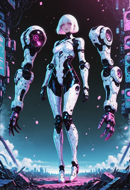 1women, 22yo, pink eyes, adult, sexy, alluring,
white hair, short bob cut, slim, small firm breasts,
patterned armor, white armor, futuristic, mechanical limbs,
full body,, detailed eyes, perfect eyes, realistic eyes,, masterpiece, best_quality, amazing_quality, very_aesthetic, 8k, high_quality, highres, absurdres, subject_focus,, <lora:AddMicroDetails_Illustrious:0.5>, Anime, GOTAV1.0, in the style of cksc, pinkretroanime, <lora:Gothic-Anime-V1.0_IL:0.6>,<lora:ChronoKnight_Neurocore_Shadow_Circuit:0.3> <lora:Pinkielicious_RetroAnime:0.1>