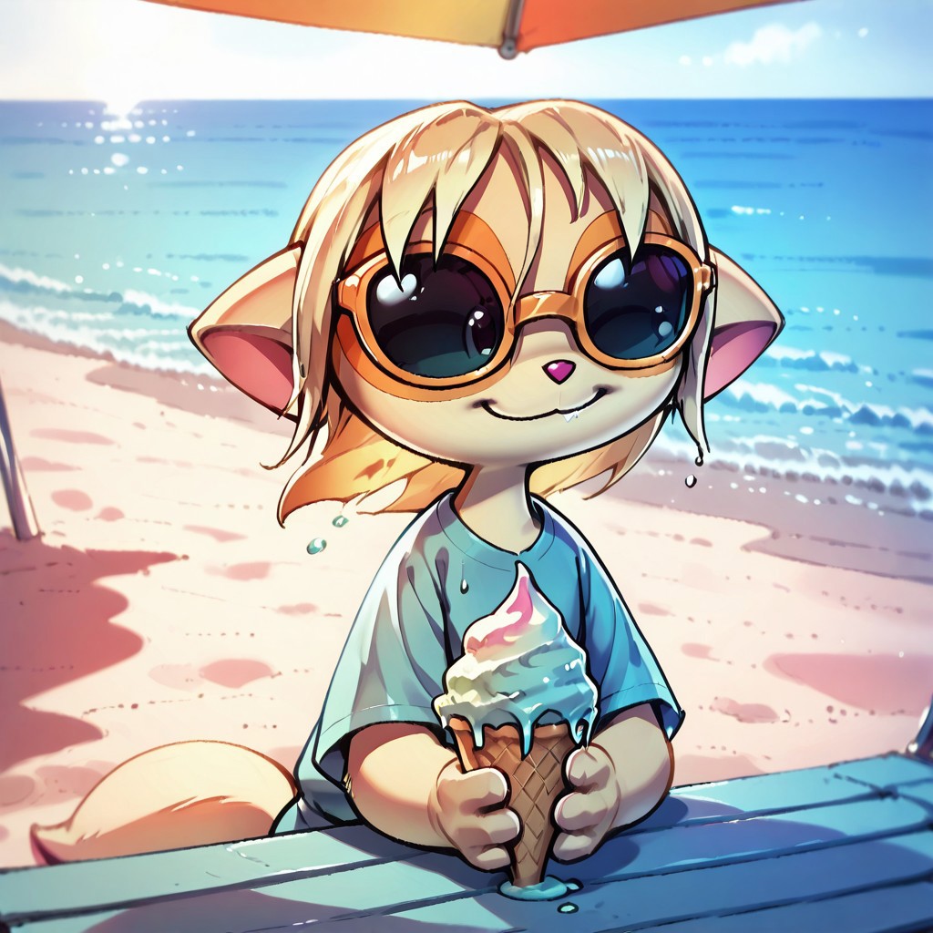 Dreamkeepers,1girl,Paige,solo,furry,tail,source_furry,blonde hair,masterpiece, 
kid, child, 
summer, ice_cream, cute, casual_clothes, cheerful, bright_sky, sunglasses_on_head, ocean_view, colorful, joyful_expression, soft_lighting, warm_weather, melting_ice_cream, happy_atmosphere, beachside, detailed_background