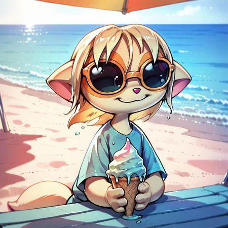 Dreamkeepers,1girl,Paige,solo,furry,tail,source_furry,blonde hair,masterpiece,
kid, child,
summer, ice_cream, cute, casual_clothes, cheerful, bright_sky, sunglasses_on_head, ocean_view, colorful, joyful_expression, soft_lighting, warm_weather, melting_ice_cream, happy_atmosphere, beachside, detailed_background
