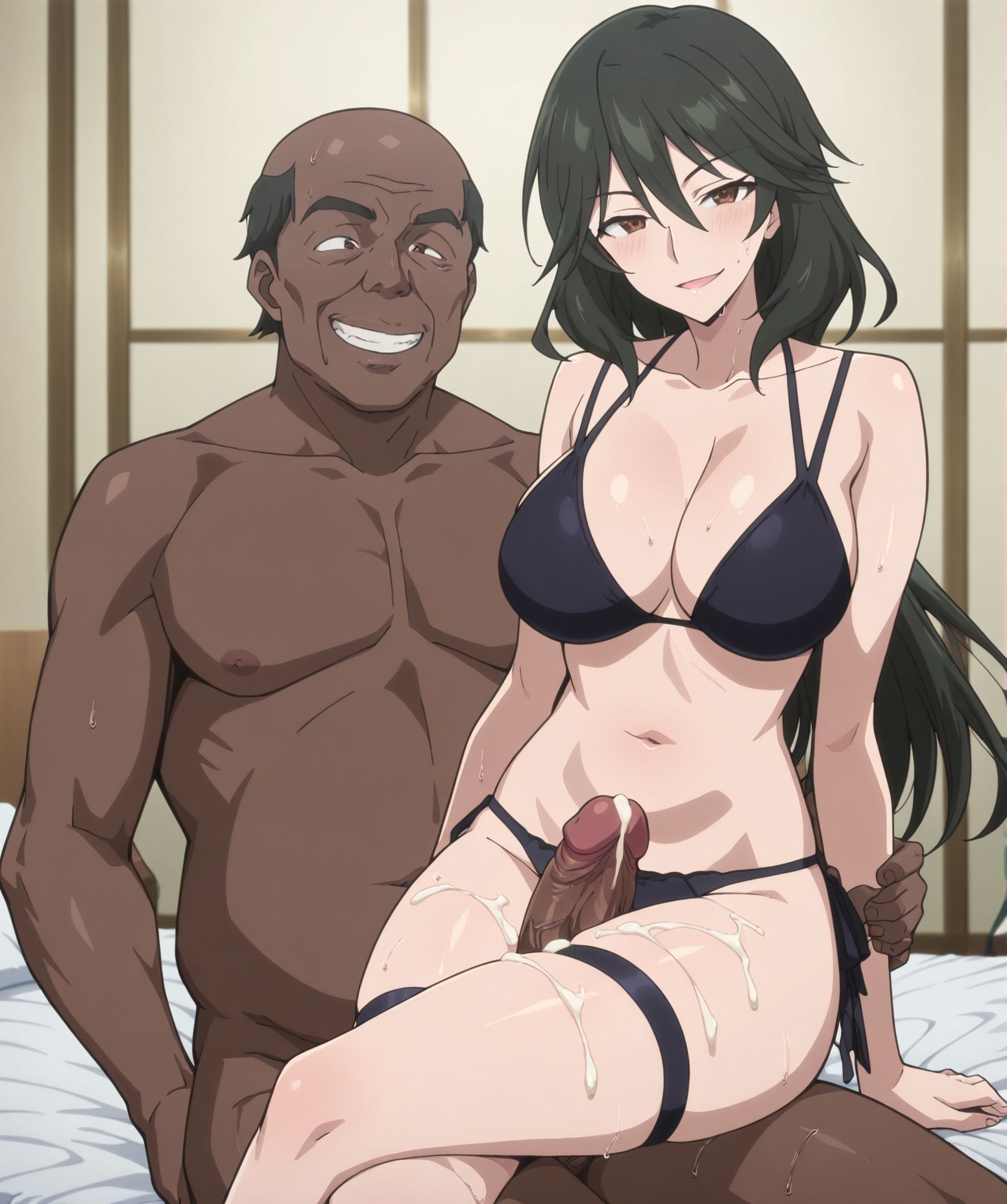 masterpiece, best quality, newest, absurdres, highres, detailed eyes, beautiful, detailed background, perfect eyes, anime coloring, anime screencap,
<lora:Thigh_Sex:1>Thigh_SexV1,
thigh sex, naughty face, penis, cum on thighs, penis between eyes thighs, 
interracial, crossed legs, sitting,sitting on lap,  long penis,
BREAK
1girl,mm,mature female,black hair,brown eyes,long hair,,large breasts, black bikini,wet,thigh strap, 
<lora:Chifuyu_Orimura-Infinite_Stratos:0.8>
BREAK
fatman, ugly man, bald,