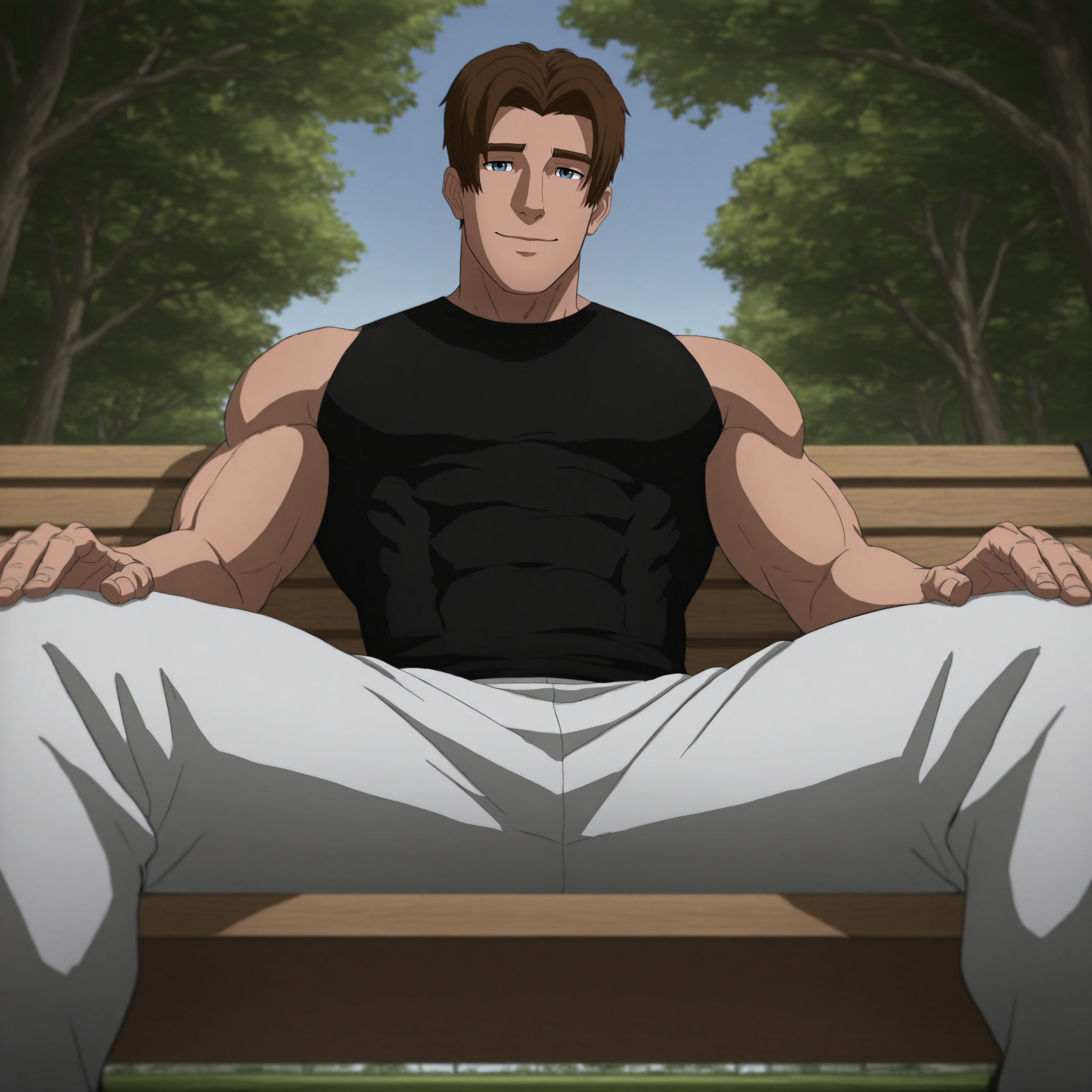 sp1d3rm8n, 1boy, solo, male focus, muscular, brown hair, brown eyebrows, blue eyes, angle from below, from below, sitting, outdoors, bench, park, trees, sky, dynamic light, sunlight, spread legs, relaxed, relaxing, black sleeveless shirt, white pajama pants, looking at viewer, light smile,   <lora:Ultimate_Spiderman:1>