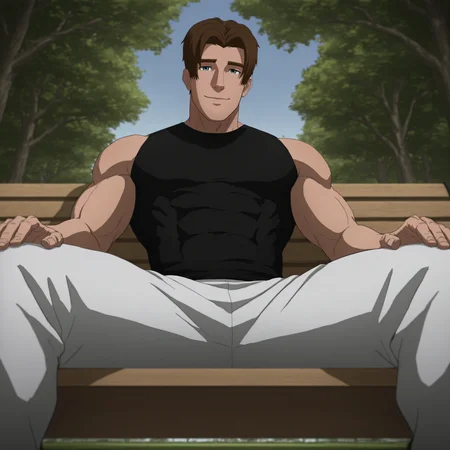 sp1d3rm8n, 1boy, solo, male focus, muscular, brown hair, brown eyebrows, blue eyes, angle from below, from below, sitting, outdoors, bench, park, trees, sky, dynamic light, sunlight, spread legs, relaxed, relaxing, black sleeveless shirt, white pajama pants, looking at viewer, light smile,   <lora:Ultimate_Spiderman:1>