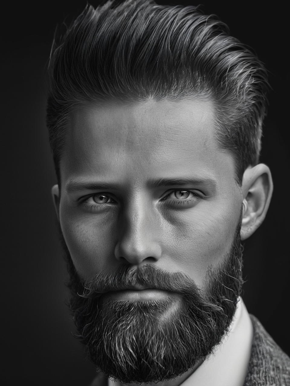 <lora:é²åä¸æ´¾@é»ç½æå½±SDXL:1>Black and white photographyï¼Gen X males, whites, Americans, direct looking. Stylish, with a well-maintained beard. Pride and contentment. At a local coffee shop. Use beard oil. ((Master work: 1.5), National Geographic Photo, Award Winning Photo, Realism, Excellent Work, Highest Quality, Rich Detail, Panorama, Clarity, High Contrast. (Film Grain: 1.4), Film Lighting, Face Close-up, Clear Pores, Black Background (Realistic: 1.2), Black and White Portrait. The best quality, masterpieces, super high resolution. ï¼