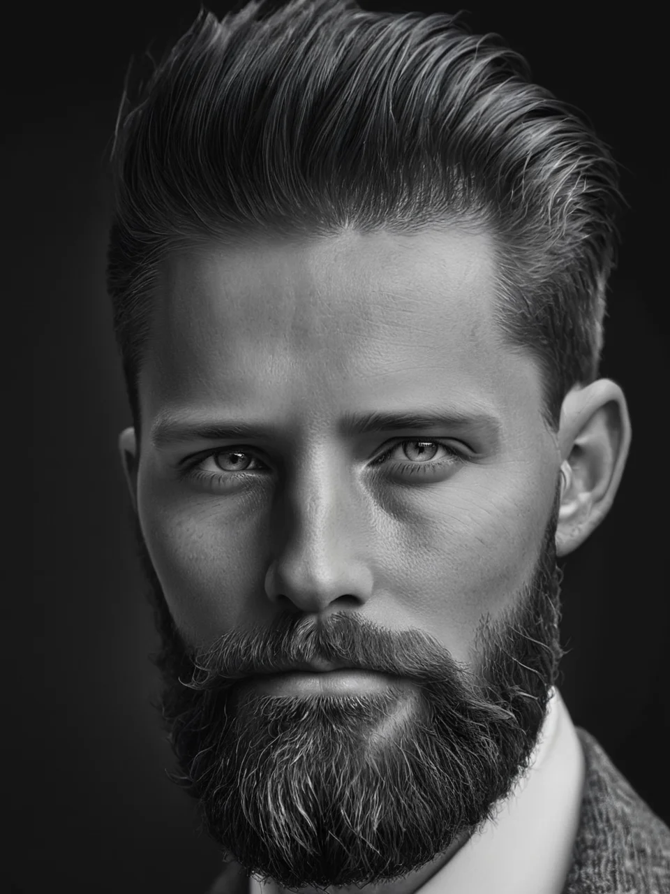 <lora:é²åä¸æ´¾@é»ç½æå½±SDXL:1>Black and white photographyï¼Gen X males, whites, Americans, direct looking. Stylish, with a well-maintained beard. Pride and contentment. At a local coffee shop. Use beard oil. ((Master work: 1.5), National Geographic Photo, Award Winning Photo, Realism, Excellent Work, Highest Quality, Rich Detail, Panorama, Clarity, High Contrast. (Film Grain: 1.4), Film Lighting, Face Close-up, Clear Pores, Black Background (Realistic: 1.2), Black and White Portrait. The best quality, masterpieces, super high resolution. ï¼
