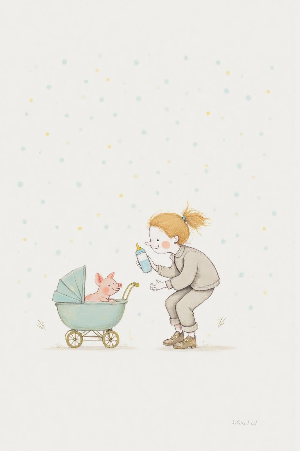 al1ca Illustration. 
gawi1 illustration. A tender moment between a young young and a small small baby piglet. The woman, with her hair tied up in a loose ponytail, is dressed in casual, comfortable clothing: a long-sleeved shirt, rolled-up pants, and worn shoes. She is holding a baby bottle and is looking down at the piglet in a baby carriage.  <lora:al1ca1_cap_d6a3e11:1.0><lora:828092131861323953:0>