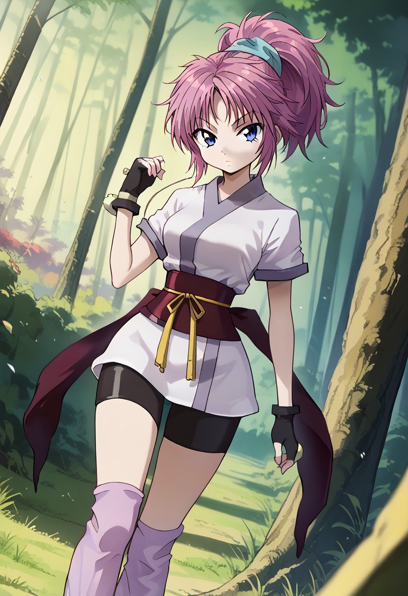 score_9,score_8_up,score_7_up,score_6_up,source_anime,dutch angle,1girl,medium breasts,<lora:machi_pony_ver1:0.9>,machi01, blue eyes, ponytail, pink hair, purple hair,portrait, ponytail, japanese clothes, sash, gloves, fingerless gloves, short sleeves, bike shorts,ninja,sash,obi, pink purple socks,tabi, in forest,