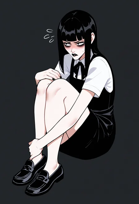 score_9, score_8_up, score_7_up, score_6_up, score_5_up, score_4_up,
BREAK
1girl, samarie funger, blunt bangs, black hair, black eyes, bags under eyes, flustered, blush, pout, looking away,
BREAK
sitting, black loafers, hugging own legs, black dress, long dress, white shirt, short sleeves, black lips,
BREAK
black background, simple background, dynamic pose, dark, <lora:Lunas-Samarie-Funger-SDXL-A1:1> <lora:Lunas-Nyantcha-Thiccwithaq-SDXL-A1:1>