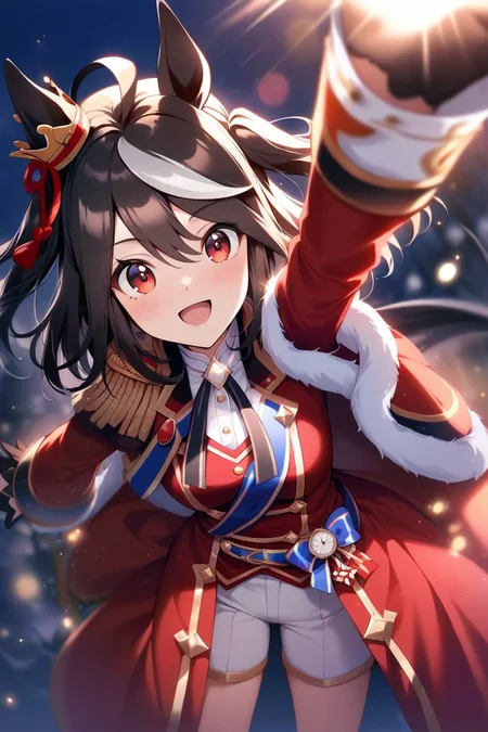 masterpiece, best quality,
kitasan black \(umamusume\), 1girl, horse ears, white shorts, looking at viewer, black half gloves, full body, white boots, smile, epaulettes, two side up, long sleeves, outstretched arms, open mouth, standing, white background, mini crown, final bloom, red coat, red belt, blue tasuki, pocket watch, red vest, white shirt, black neck ribbon, fur-trimmed red capelet
light rays,lens flare,light particles,outdoors
 <lora:SDXL_kitasan_black_v1.0:0.9>