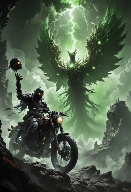 The (The Legend of Sleepy Hollow) headless rider dominates the foreground, seated on a powerful, dark motorcycle that rears up, its wheels spinning in the air as if ready to charge. In one hand, he holds his severed head aloft, its glowing eyes casting an eerie light. Behind him, a massive volcano erupts, giving birth to a colossal phoenix made of molten lava and stone. The phoenix’s toxic green magma wings stretch across the sky. The scene is in stark black and white, with only the phoenix and lava glowing in venomous green, creating a surreal, apocalyptic contrast.