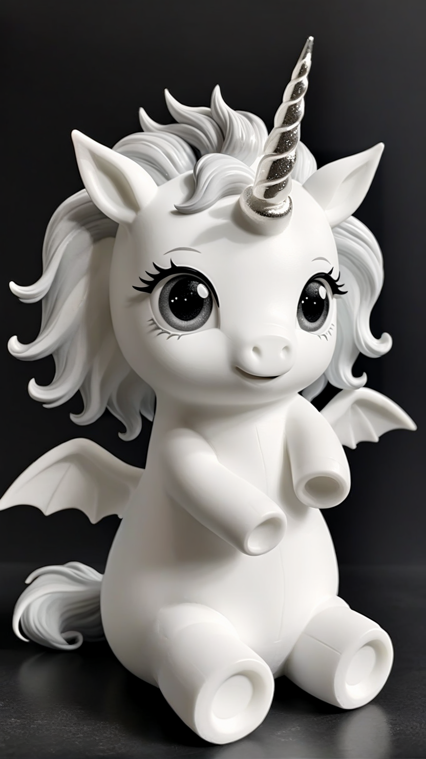 <lora:3DPrintingXL:1>,whitemold,3d printed mold,art style,greyscale,monochrome, Cute baby unicorn with a sparkling horn, soft pastel-colored mane, and oversized eyes, sitting in a playful pose, radiating joy and magic.