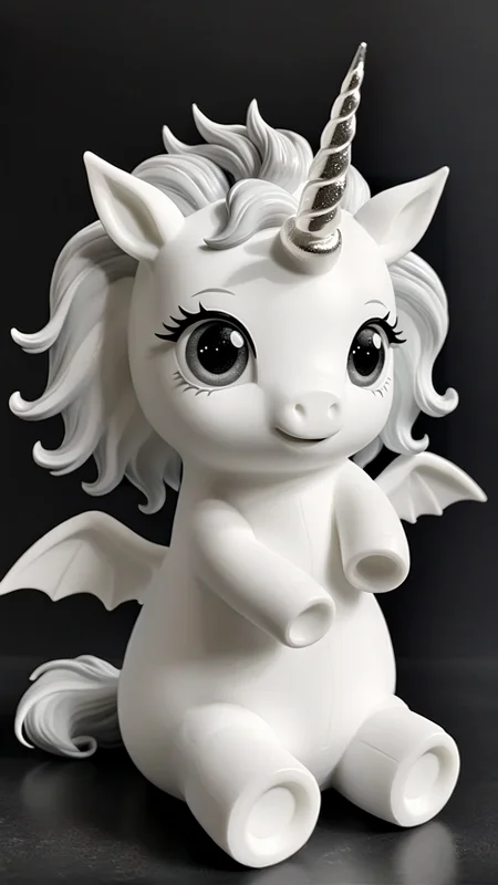 <lora:3DPrintingXL:1>,whitemold,3d printed mold,art style,greyscale,monochrome, Cute baby unicorn with a sparkling horn, soft pastel-colored mane, and oversized eyes, sitting in a playful pose, radiating joy and magic.