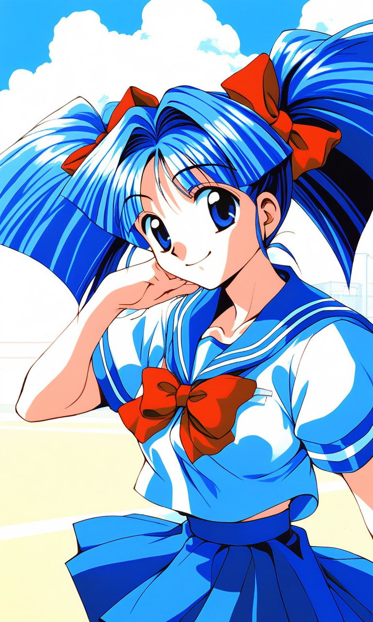 score_9, score_8_up, score_7_up, source_anime, rating_explicit, BREAK   <lora:Tomohara_Atsuko_XL:1> TomoharaAtsuko, blue hair, blue eyes, twintails, hair bow, medium breasts, red bow, long hair, 1990s \(style\),
school uniform, blue skirt, 
outdoor, sky,
smile,
looking at viewer, 
cowboyShot,